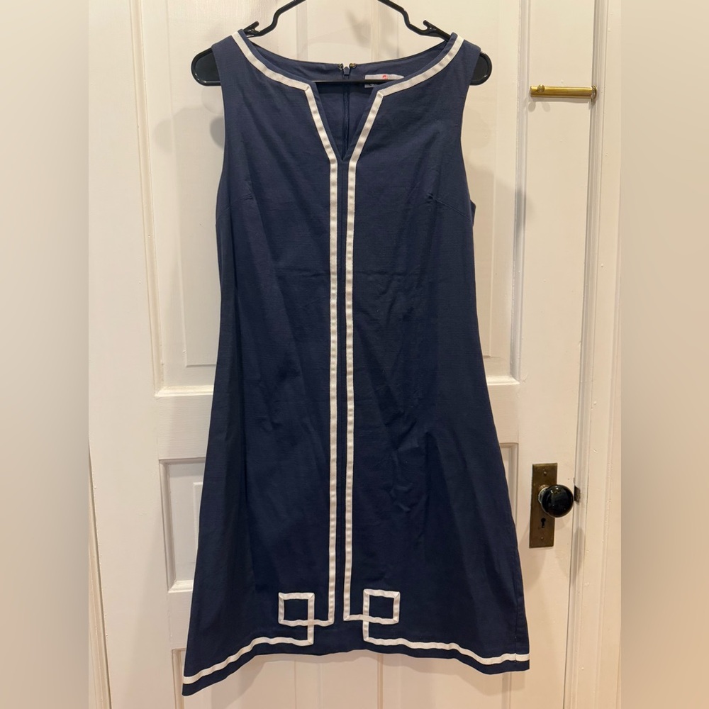 Sleeveless Navy Shift Dress with White Trim